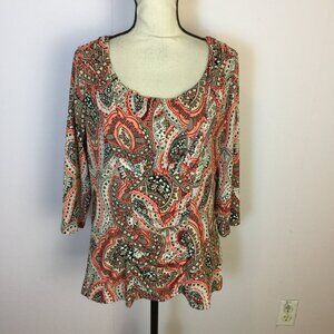 Alfani Blouse Top Size 0X Womans Plus Orange Brown Paisley 3/4 Sleeve Stretch